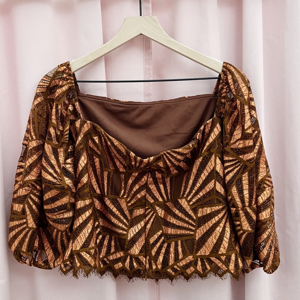 NWT Eva Franco Anthropologie Shine Bronze Lace Puff Sleeve Square Neck Blouse XL - Picture 11 of 13